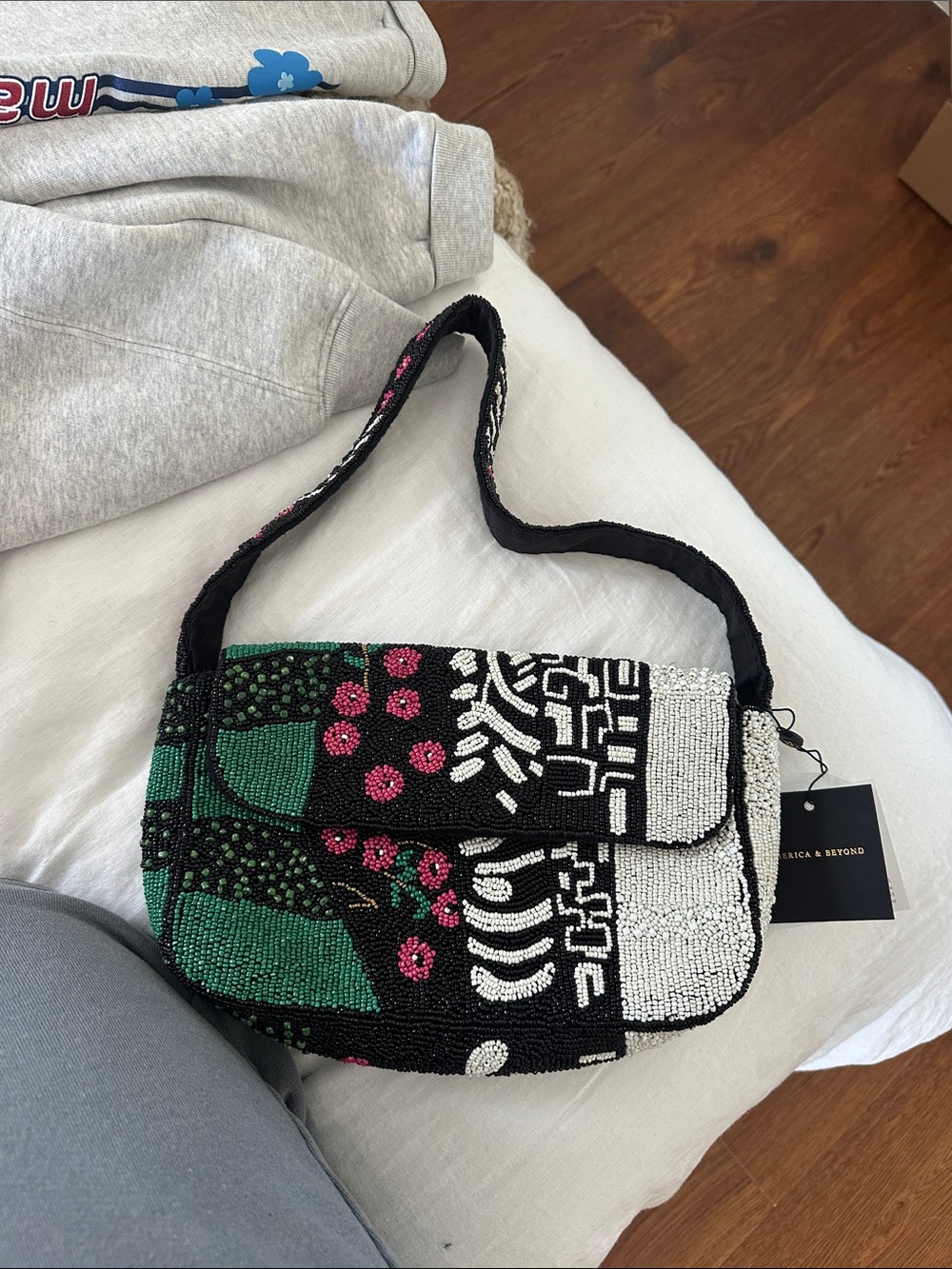 America & Beyond Beaded Floral Crossbody Bag in Black, Green & Pink